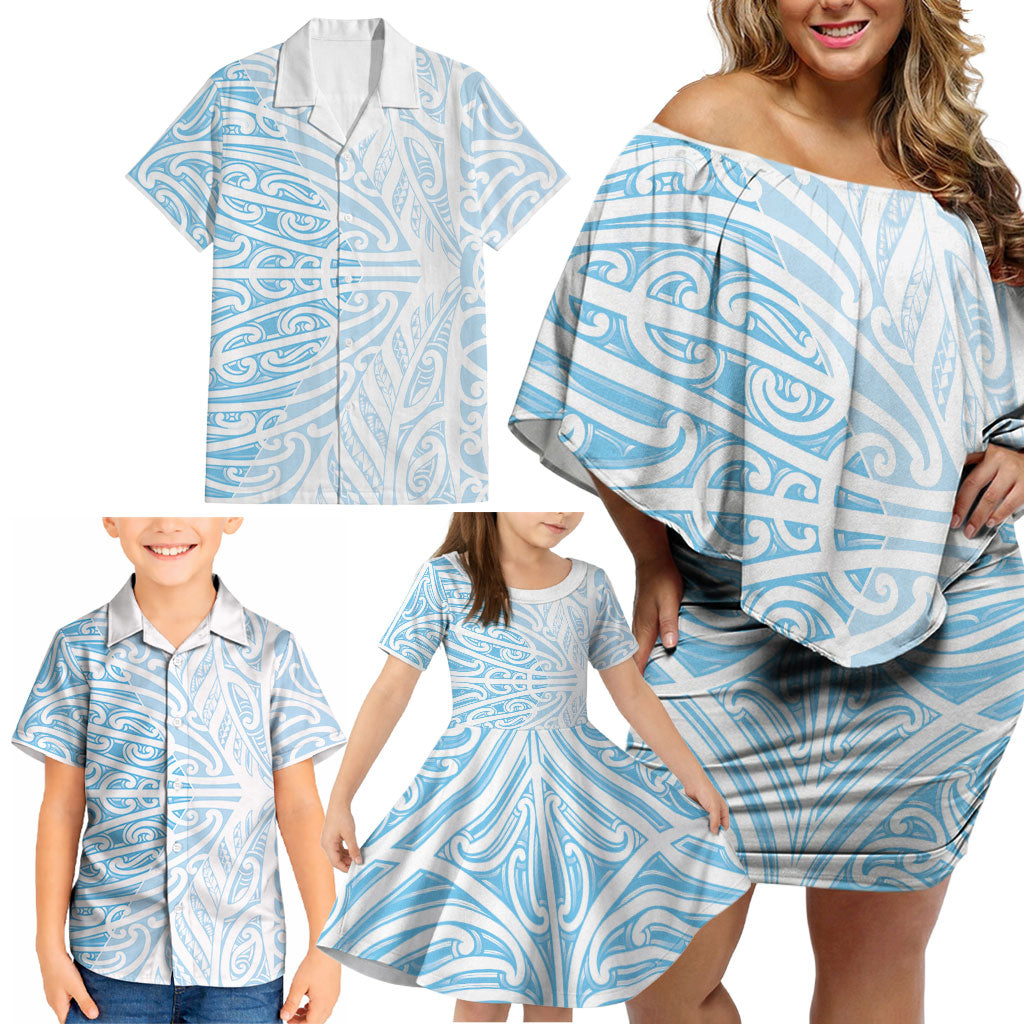 Blue New Zealand Puhoro Maori Tattoo Family Matching Off Shoulder Short Dress and Hawaiian Shirt LT14 - Polynesian Pride