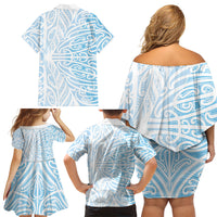 Blue New Zealand Puhoro Maori Tattoo Family Matching Off Shoulder Short Dress and Hawaiian Shirt