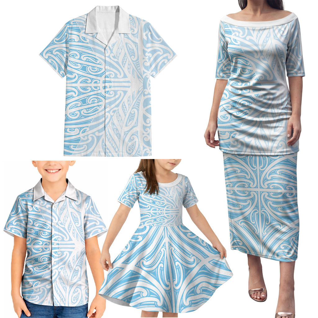 Blue New Zealand Puhoro Maori Tattoo Family Matching Puletasi and Hawaiian Shirt LT14 - Polynesian Pride