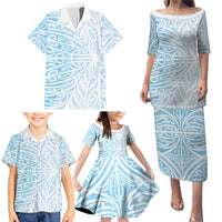 Blue New Zealand Puhoro Maori Tattoo Family Matching Puletasi and Hawaiian Shirt