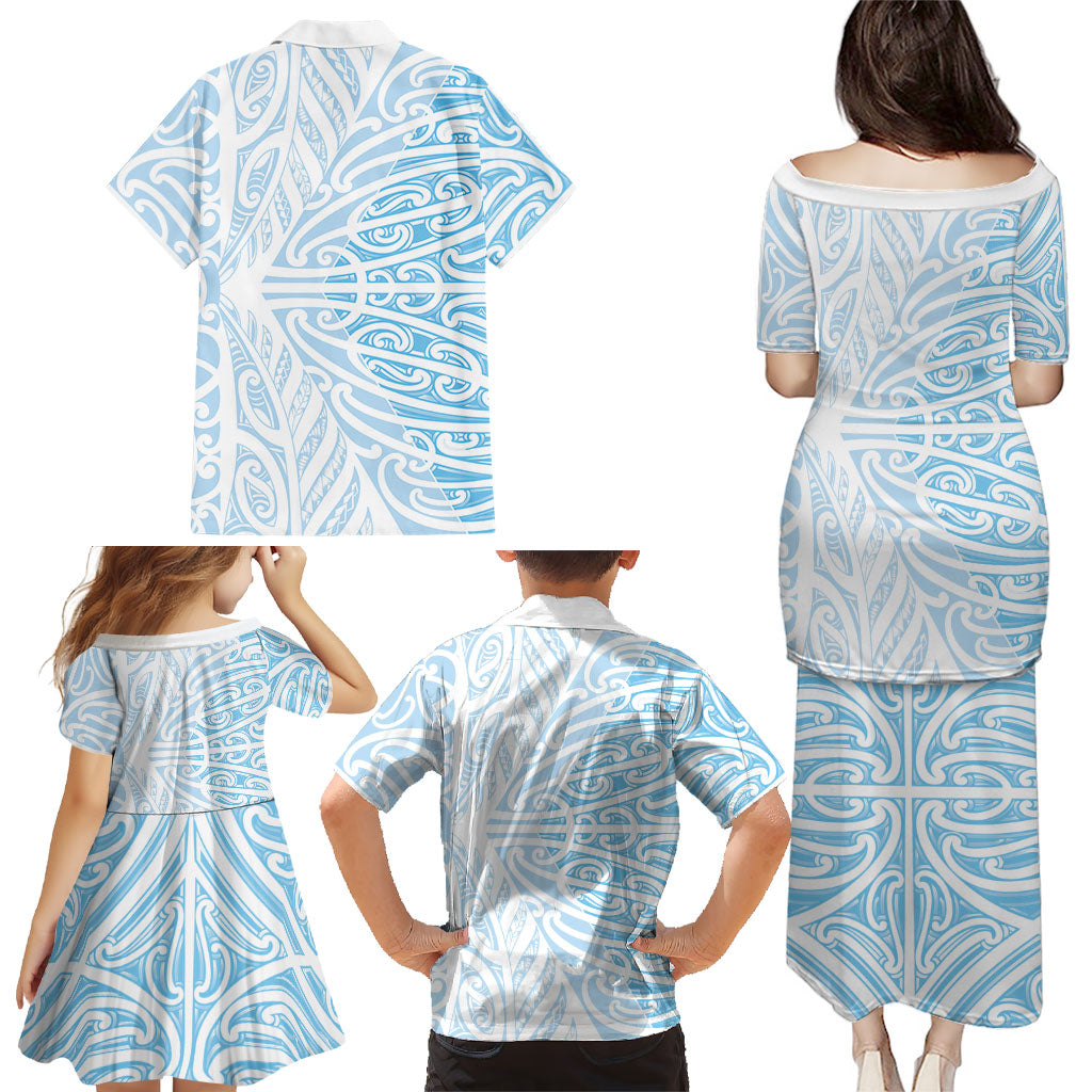 Blue New Zealand Puhoro Maori Tattoo Family Matching Puletasi and Hawaiian Shirt
