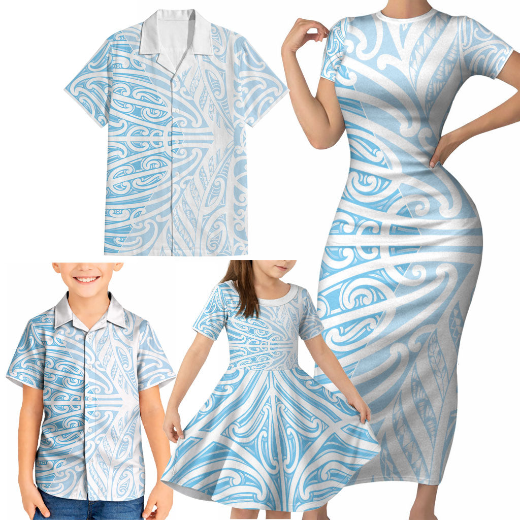 Blue New Zealand Puhoro Maori Tattoo Family Matching Short Sleeve Bodycon Dress and Hawaiian Shirt LT14 - Polynesian Pride