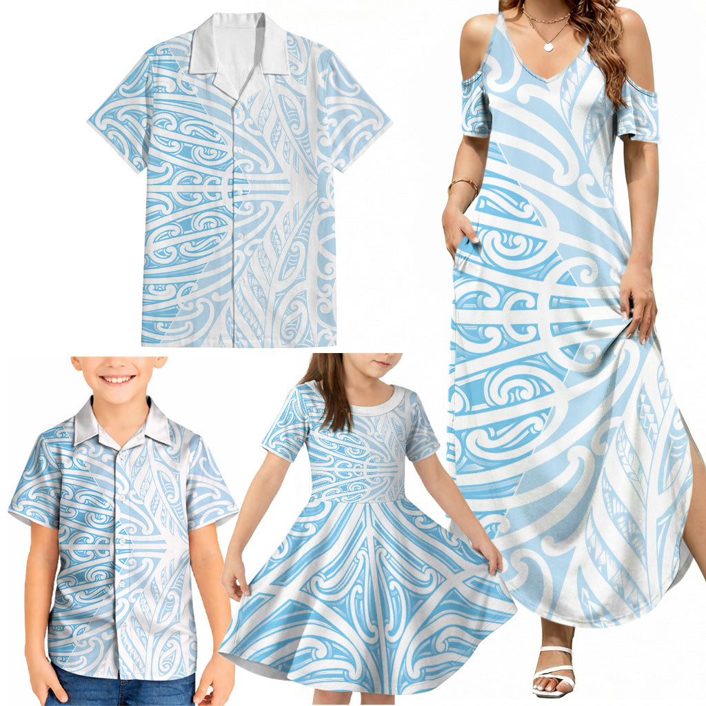Blue New Zealand Puhoro Maori Tattoo Family Matching Summer Maxi Dress and Hawaiian Shirt LT14 - Polynesian Pride