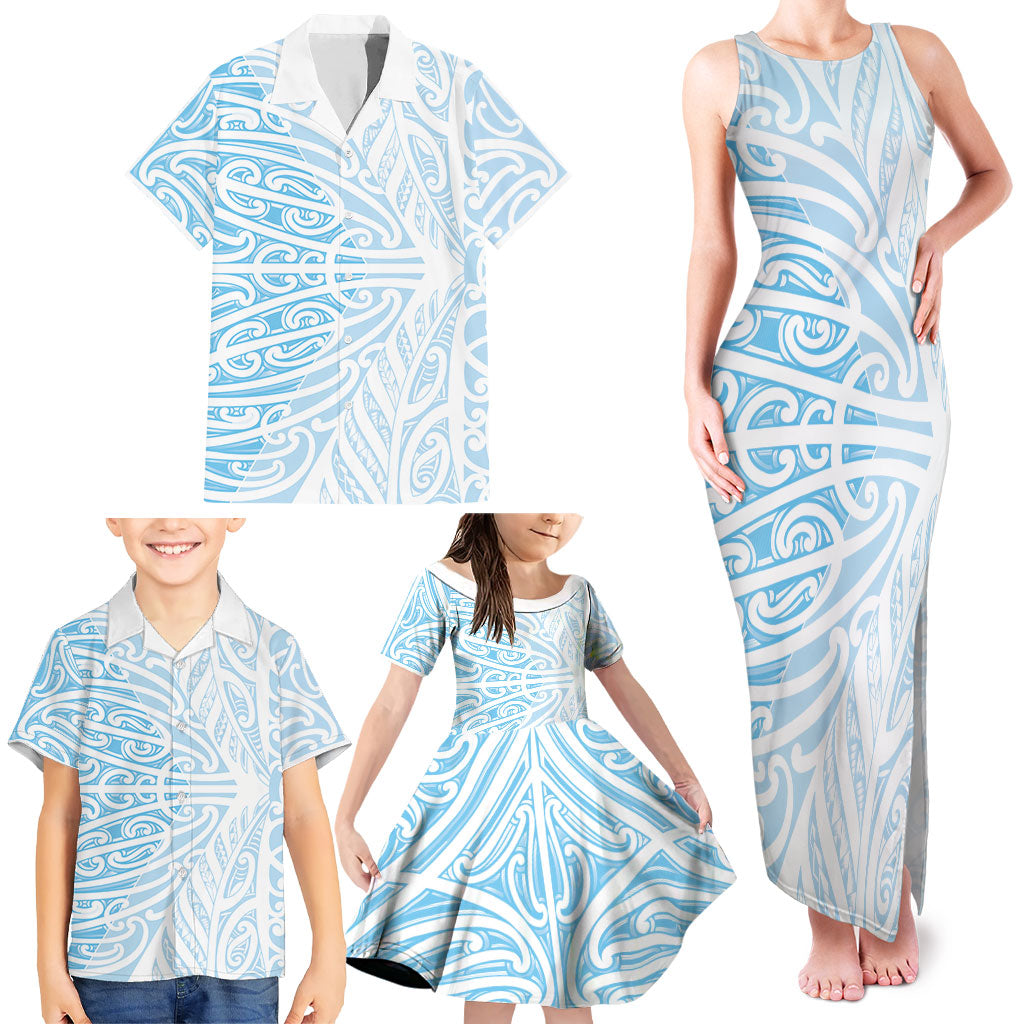 Blue New Zealand Puhoro Maori Tattoo Family Matching Tank Maxi Dress and Hawaiian Shirt
