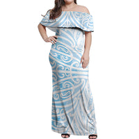 Blue New Zealand Puhoro Maori Tattoo Off Shoulder Maxi Dress