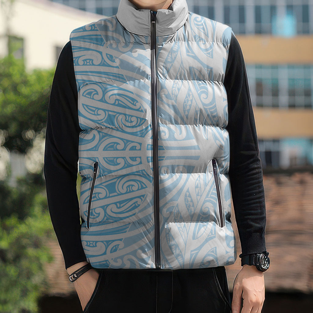 Blue New Zealand Puhoro Maori Tattoo Sleeveless Puffer Jacket