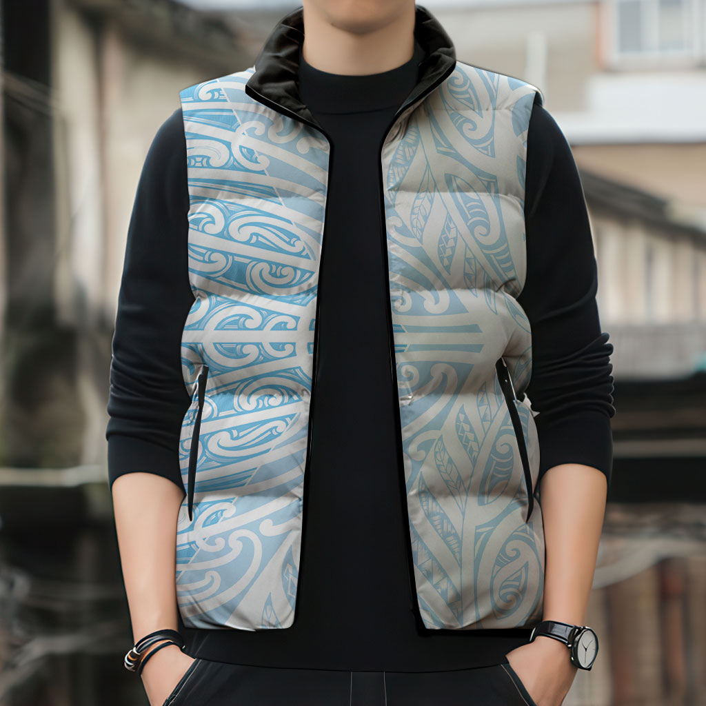 Blue New Zealand Puhoro Maori Tattoo Sleeveless Puffer Jacket