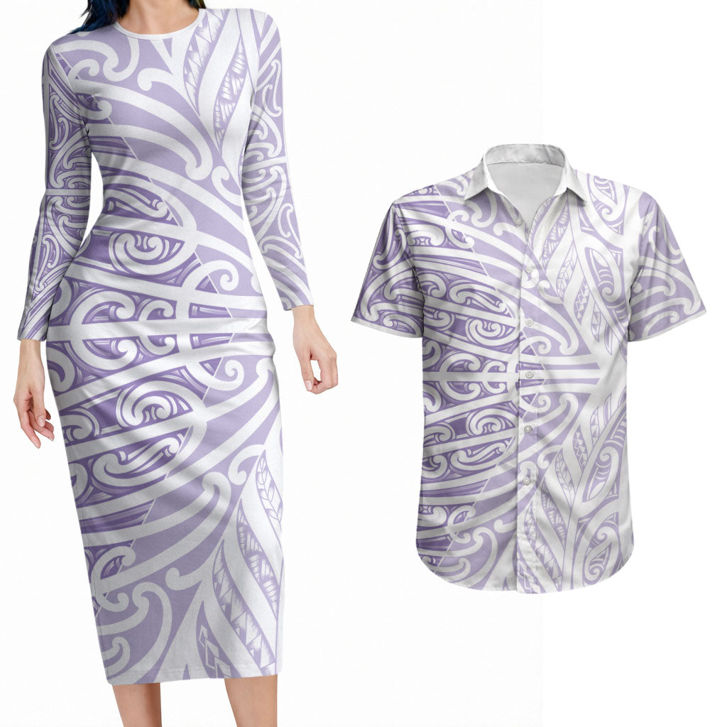 Purple New Zealand Puhoro Maori Tattoo Couples Matching Long Sleeve Bodycon Dress and Hawaiian Shirt LT14 Purple - Polynesian Pride