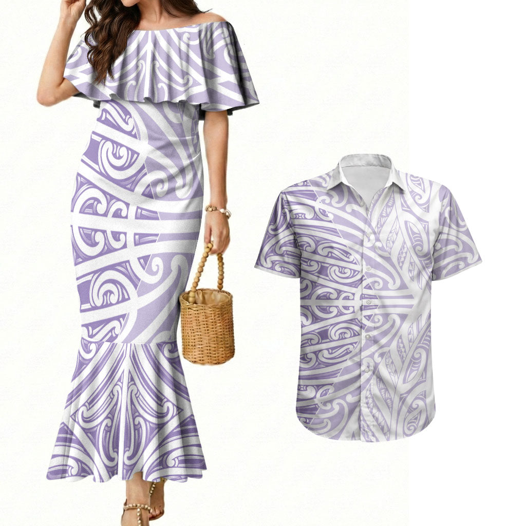Purple New Zealand Puhoro Maori Tattoo Couples Matching Mermaid Dress and Hawaiian Shirt LT14 Purple - Polynesian Pride