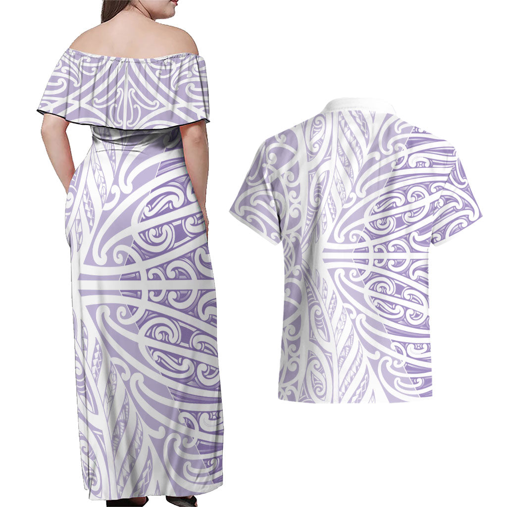 Purple New Zealand Puhoro Maori Tattoo Couples Matching Off Shoulder Maxi Dress and Hawaiian Shirt
