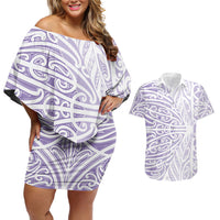 Purple New Zealand Puhoro Maori Tattoo Couples Matching Off Shoulder Short Dress and Hawaiian Shirt