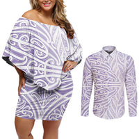 Purple New Zealand Puhoro Maori Tattoo Couples Matching Off Shoulder Short Dress and Long Sleeve Button Shirt
