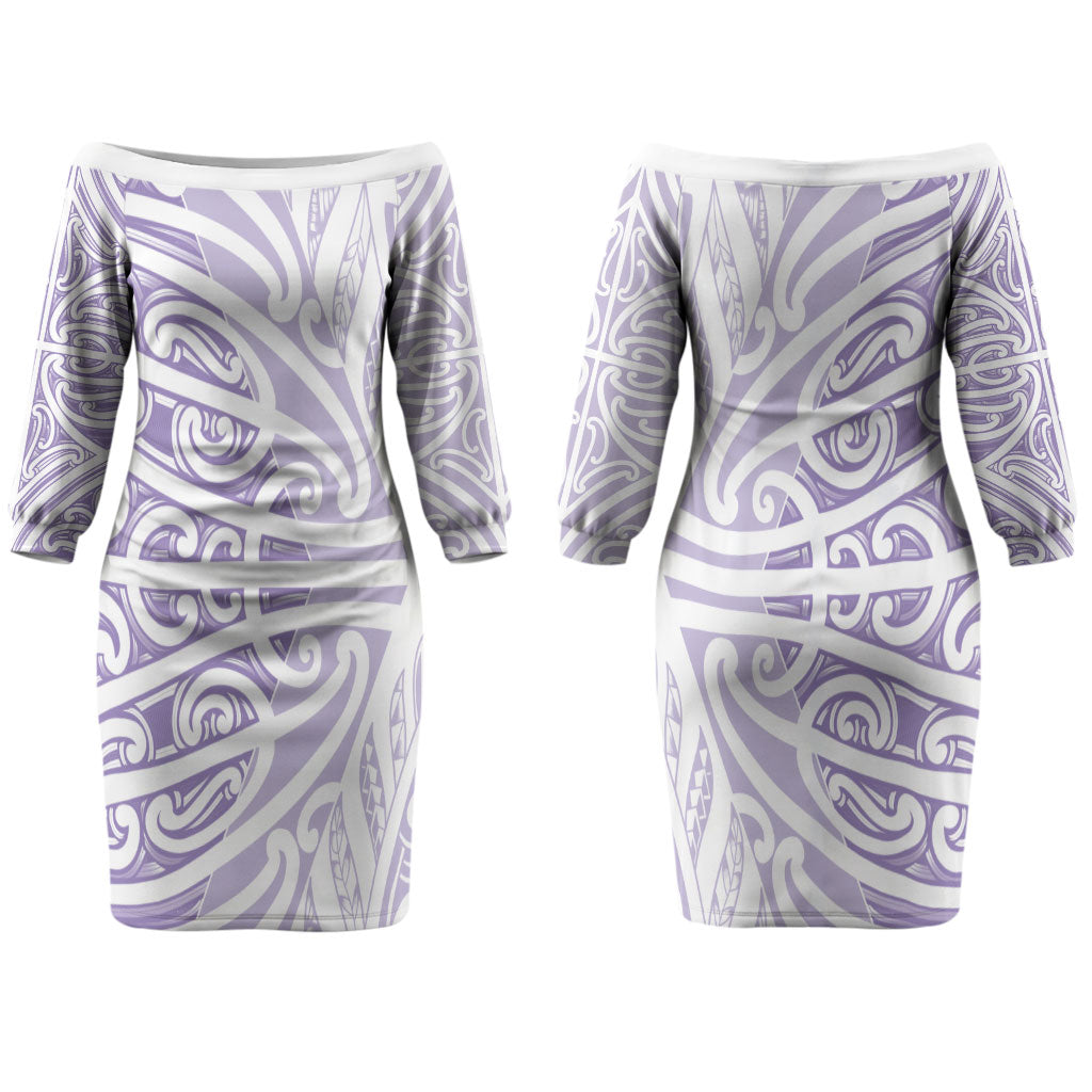 Purple New Zealand Puhoro Maori Tattoo Couples Matching Off The Shoulder Long Sleeve Dress and Hawaiian Shirt LT14 - Polynesian Pride