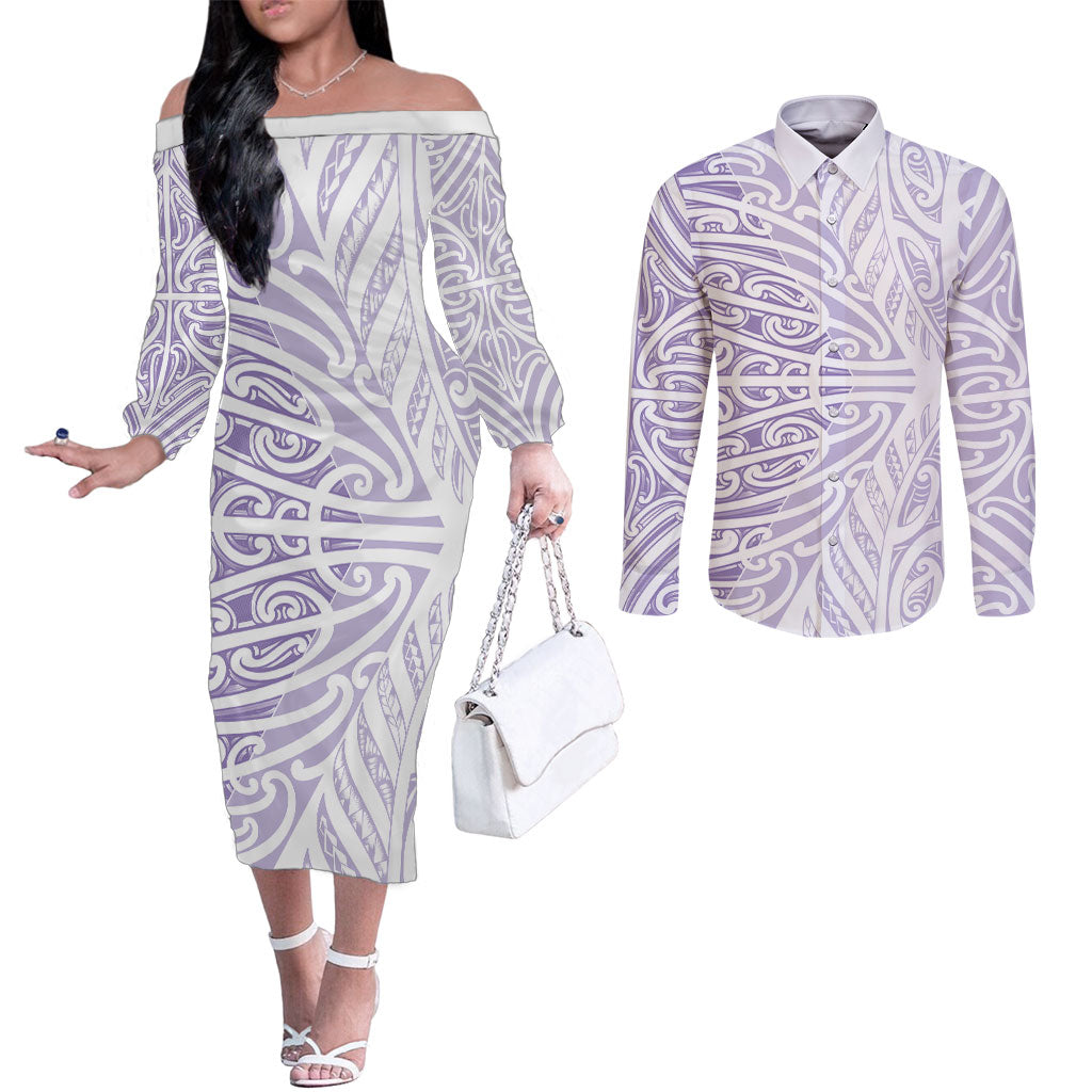 Purple New Zealand Puhoro Maori Tattoo Couples Matching Off The Shoulder Long Sleeve Dress and Long Sleeve Button Shirt