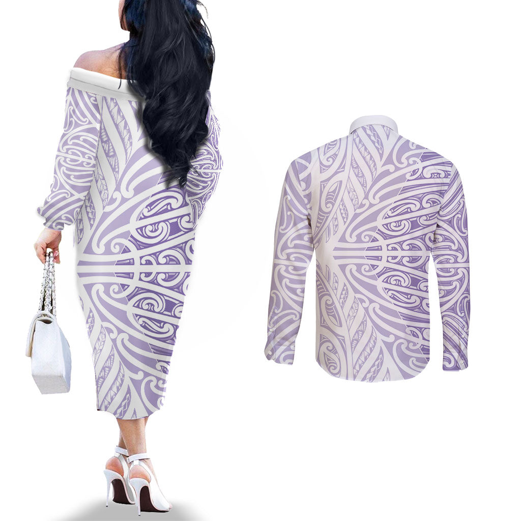 Purple New Zealand Puhoro Maori Tattoo Couples Matching Off The Shoulder Long Sleeve Dress and Long Sleeve Button Shirt