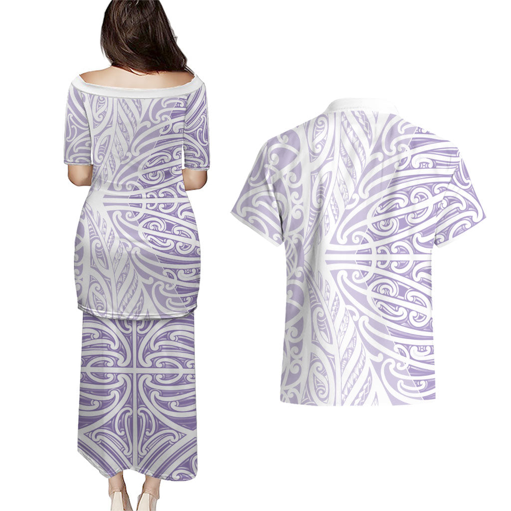 Purple New Zealand Puhoro Maori Tattoo Couples Matching Puletasi and Hawaiian Shirt