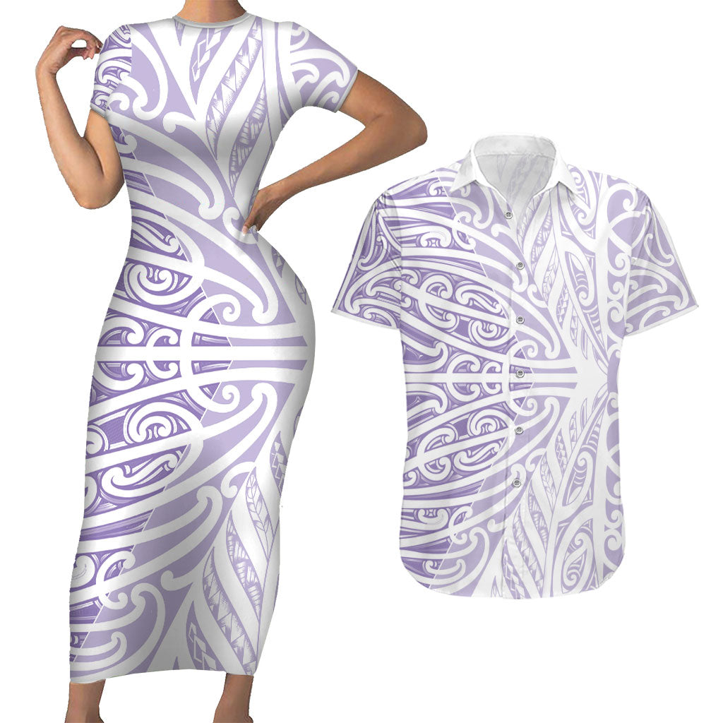 Purple New Zealand Puhoro Maori Tattoo Couples Matching Short Sleeve Bodycon Dress and Hawaiian Shirt