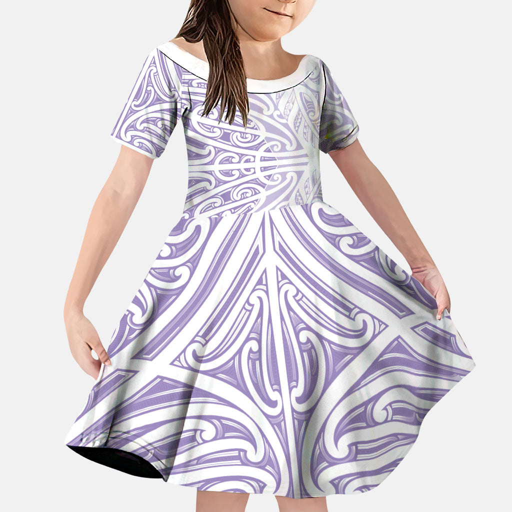 Purple New Zealand Puhoro Maori Tattoo Family Matching Long Sleeve Bodycon Dress and Hawaiian Shirt