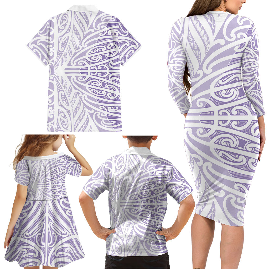Purple New Zealand Puhoro Maori Tattoo Family Matching Long Sleeve Bodycon Dress and Hawaiian Shirt