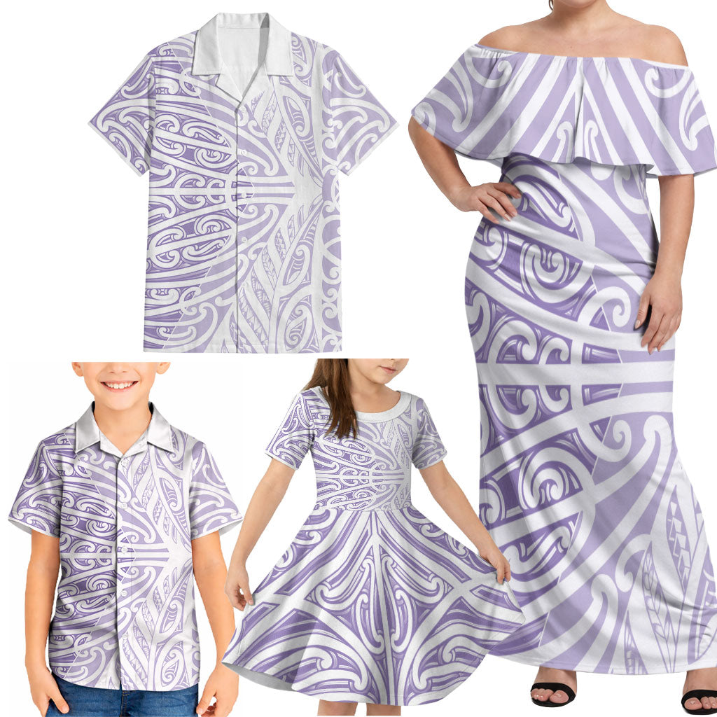 Purple New Zealand Puhoro Maori Tattoo Family Matching Off Shoulder Maxi Dress and Hawaiian Shirt LT14 - Polynesian Pride