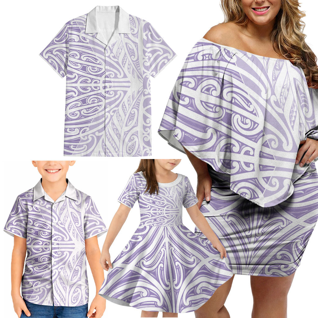 Purple New Zealand Puhoro Maori Tattoo Family Matching Off Shoulder Short Dress and Hawaiian Shirt LT14 - Polynesian Pride