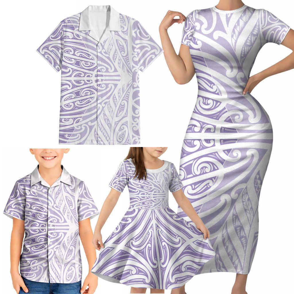 Purple New Zealand Puhoro Maori Tattoo Family Matching Short Sleeve Bodycon Dress and Hawaiian Shirt LT14 - Polynesian Pride