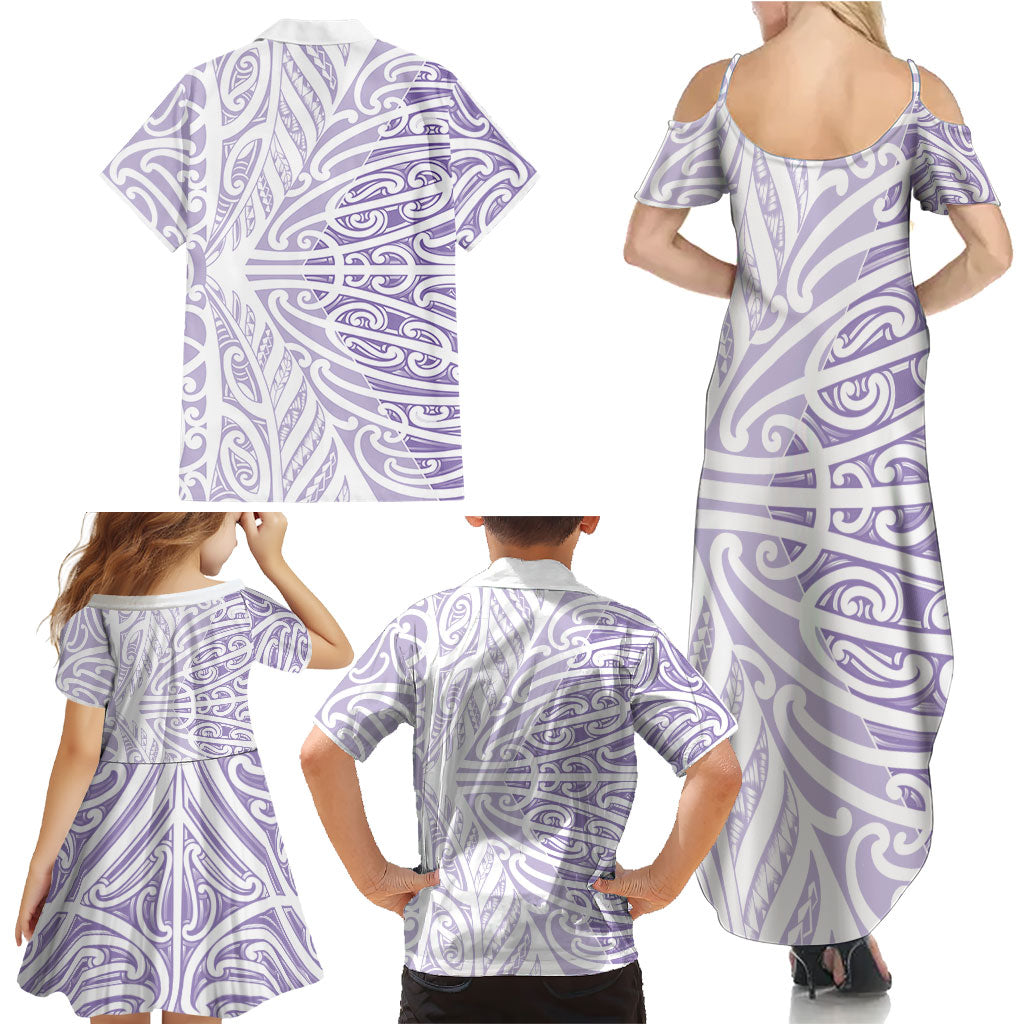 Purple New Zealand Puhoro Maori Tattoo Family Matching Summer Maxi Dress and Hawaiian Shirt