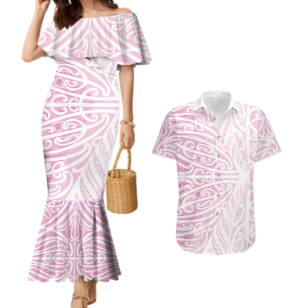 Pink New Zealand Puhoro Maori Tattoo Couples Matching Mermaid Dress and Hawaiian Shirt