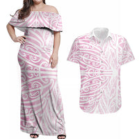 Pink New Zealand Puhoro Maori Tattoo Couples Matching Off Shoulder Maxi Dress and Hawaiian Shirt