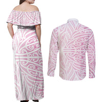 Pink New Zealand Puhoro Maori Tattoo Couples Matching Off Shoulder Maxi Dress and Long Sleeve Button Shirt