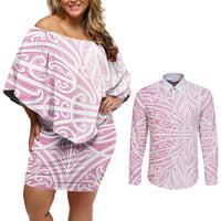 Pink New Zealand Puhoro Maori Tattoo Couples Matching Off Shoulder Short Dress and Long Sleeve Button Shirt