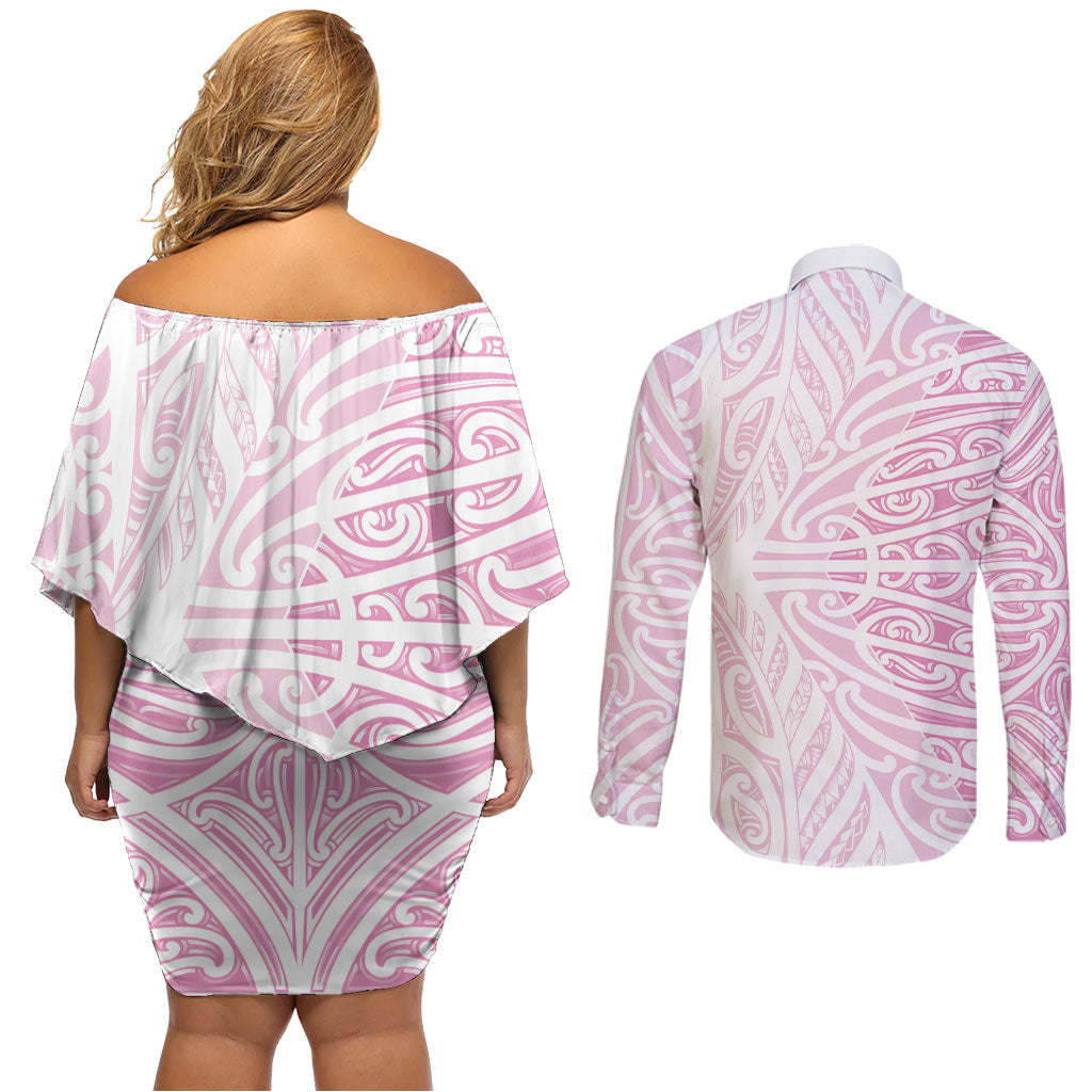 Pink New Zealand Puhoro Maori Tattoo Couples Matching Off Shoulder Short Dress and Long Sleeve Button Shirt