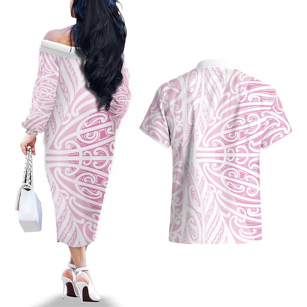 Pink New Zealand Puhoro Maori Tattoo Couples Matching Off The Shoulder Long Sleeve Dress and Hawaiian Shirt