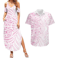 Pink New Zealand Puhoro Maori Tattoo Couples Matching Summer Maxi Dress and Hawaiian Shirt