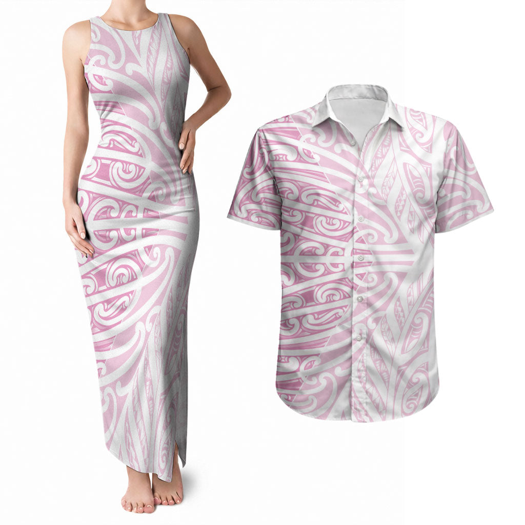 Pink New Zealand Puhoro Maori Tattoo Couples Matching Tank Maxi Dress and Hawaiian Shirt LT14 Pink - Polynesian Pride