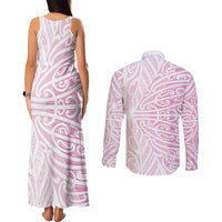 Pink New Zealand Puhoro Maori Tattoo Couples Matching Tank Maxi Dress and Long Sleeve Button Shirt