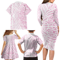 Pink New Zealand Puhoro Maori Tattoo Family Matching Long Sleeve Bodycon Dress and Hawaiian Shirt