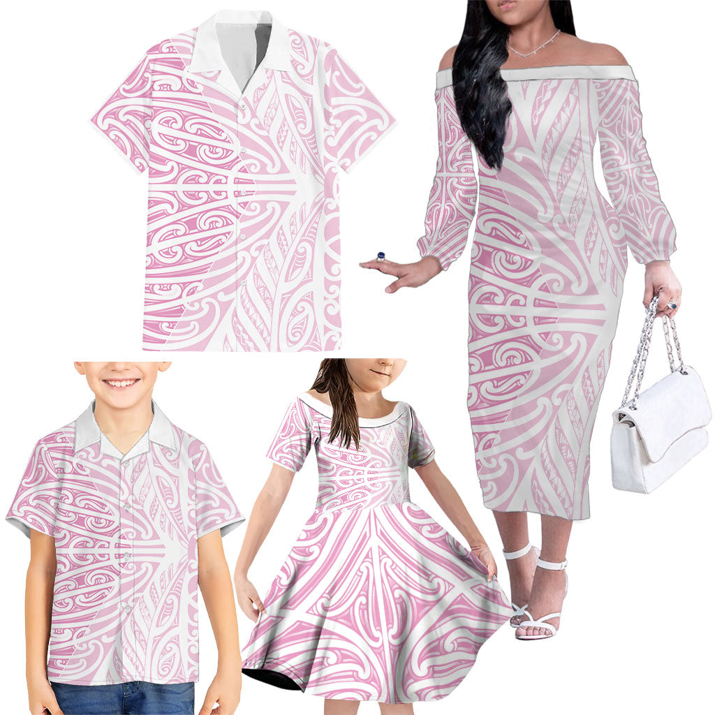 Pink New Zealand Puhoro Maori Tattoo Family Matching Off The Shoulder Long Sleeve Dress and Hawaiian Shirt