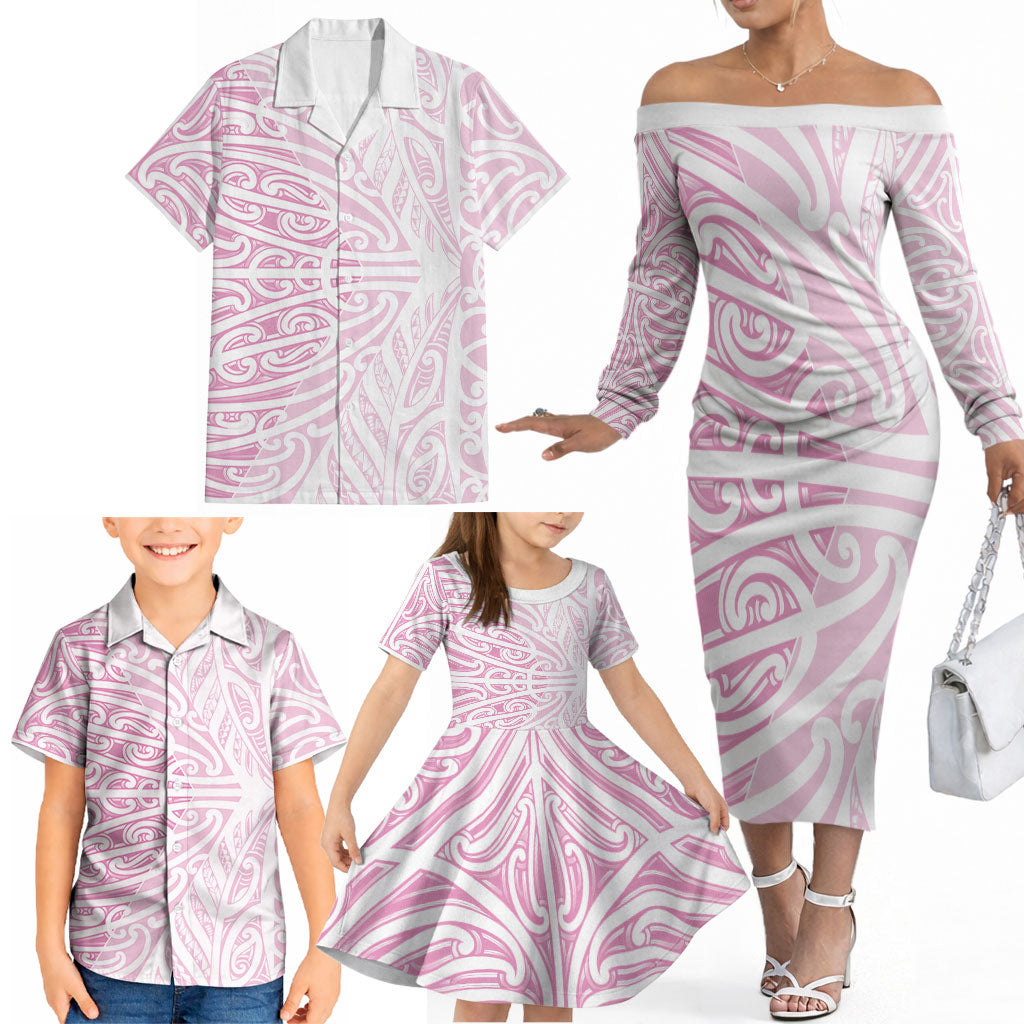 Pink New Zealand Puhoro Maori Tattoo Family Matching Off The Shoulder Long Sleeve Dress and Hawaiian Shirt LT14 - Polynesian Pride