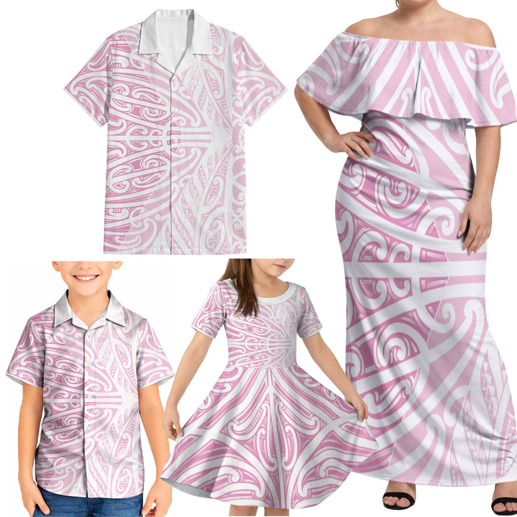 Pink New Zealand Puhoro Maori Tattoo Family Matching Off Shoulder Maxi Dress and Hawaiian Shirt LT14 - Polynesian Pride