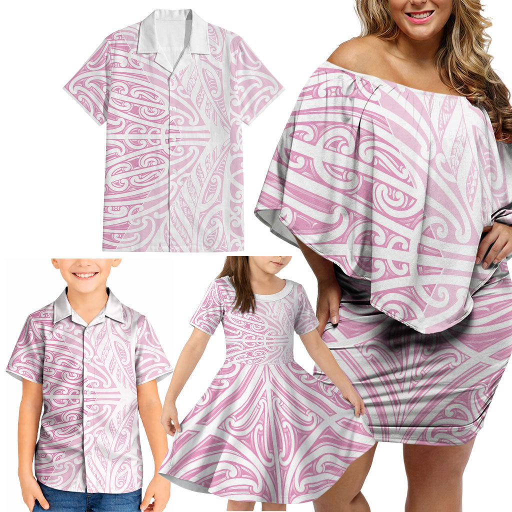 Pink New Zealand Puhoro Maori Tattoo Family Matching Off Shoulder Short Dress and Hawaiian Shirt LT14 - Polynesian Pride