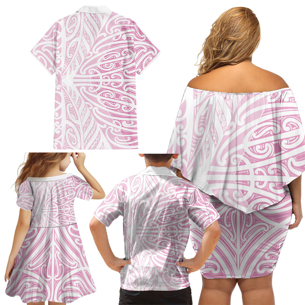 Pink New Zealand Puhoro Maori Tattoo Family Matching Off Shoulder Short Dress and Hawaiian Shirt