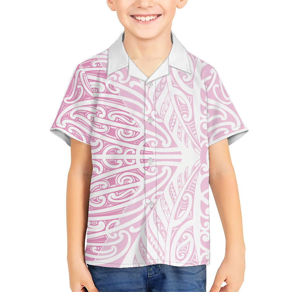 Pink New Zealand Puhoro Maori Tattoo Family Matching Off Shoulder Short Dress and Hawaiian Shirt