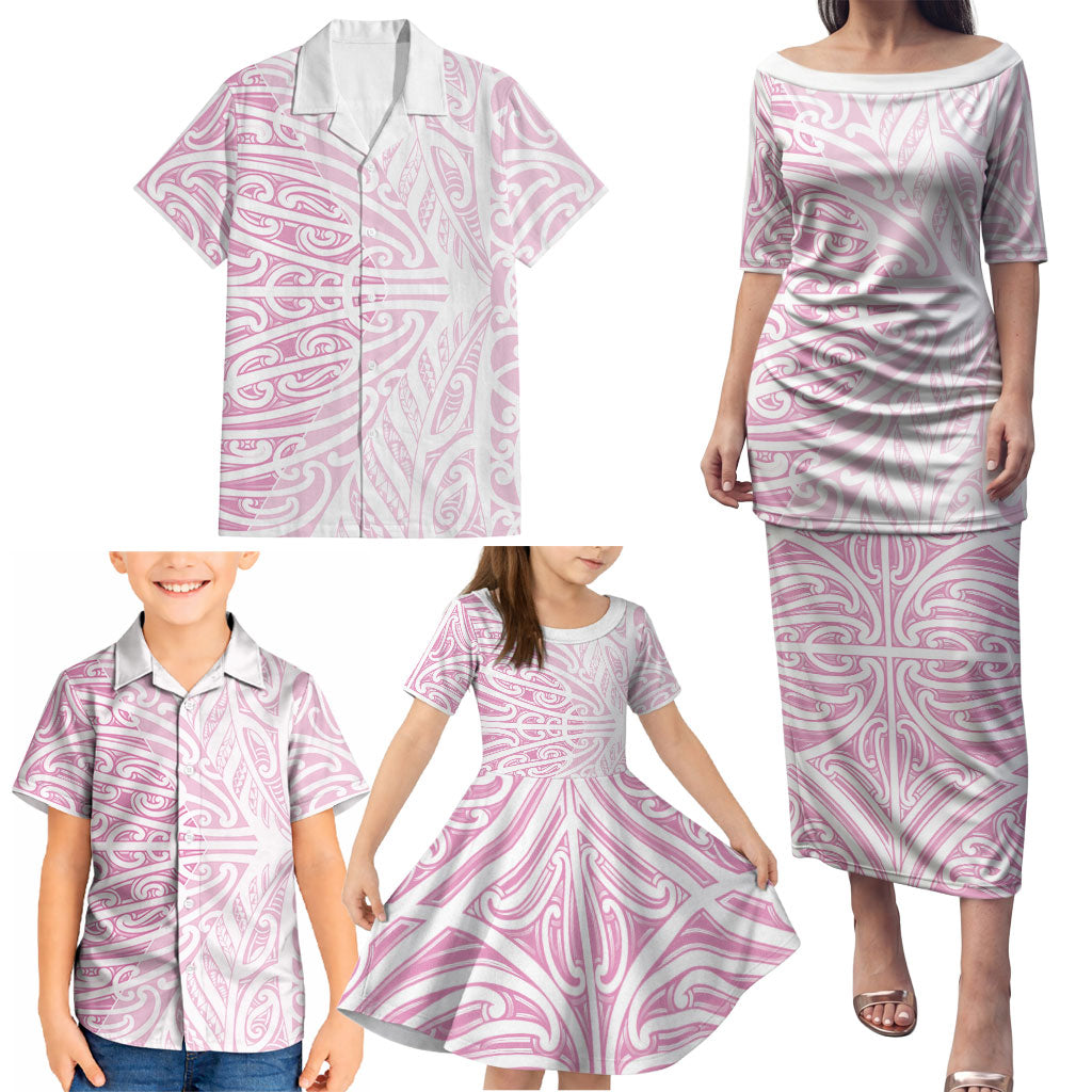 Pink New Zealand Puhoro Maori Tattoo Family Matching Puletasi and Hawaiian Shirt LT14 - Polynesian Pride