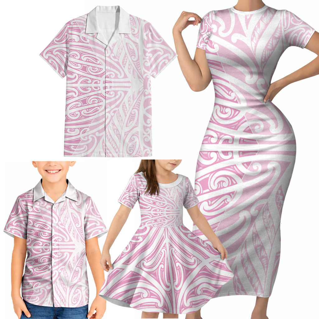Pink New Zealand Puhoro Maori Tattoo Family Matching Short Sleeve Bodycon Dress and Hawaiian Shirt LT14 - Polynesian Pride