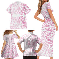 Pink New Zealand Puhoro Maori Tattoo Family Matching Short Sleeve Bodycon Dress and Hawaiian Shirt
