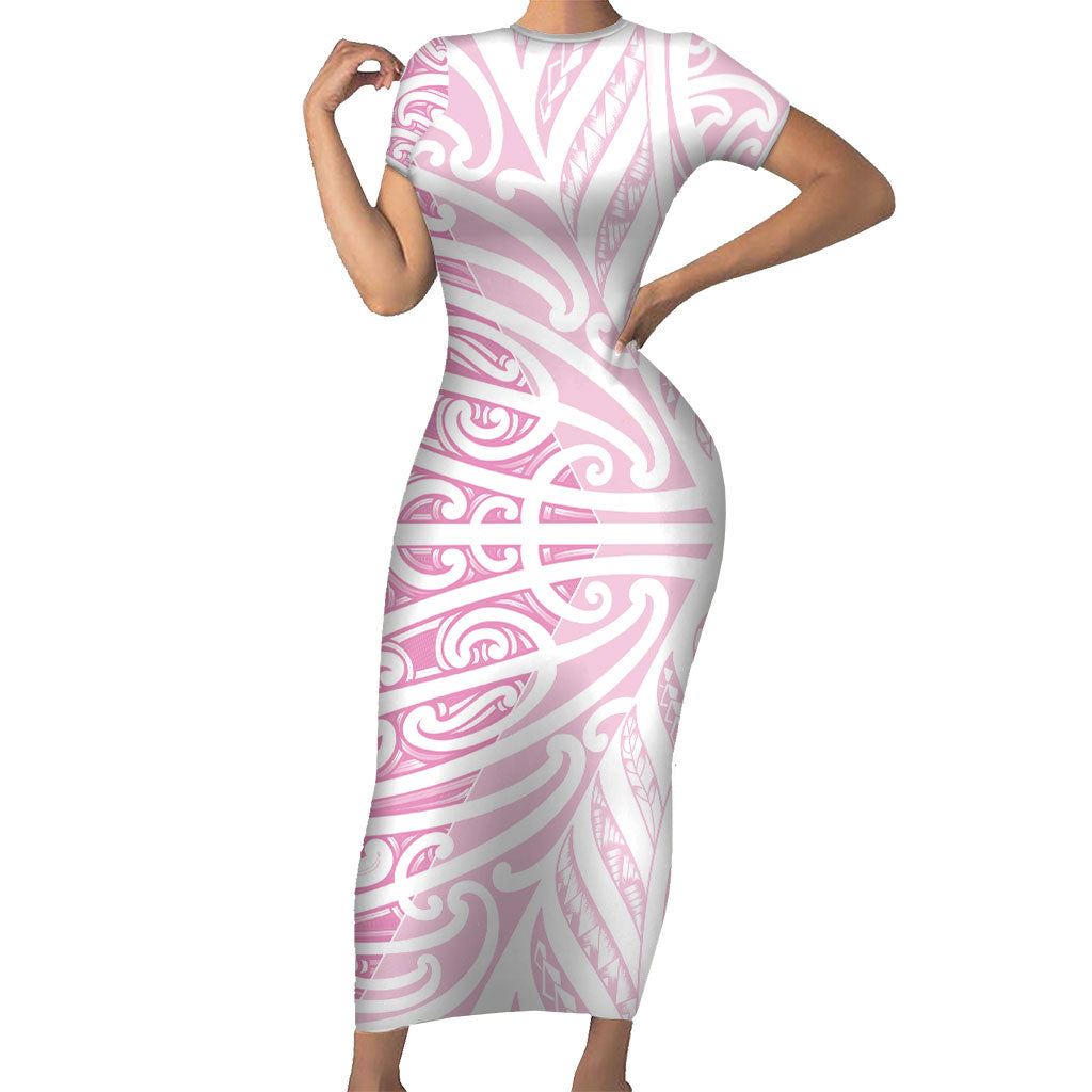Pink New Zealand Puhoro Maori Tattoo Family Matching Short Sleeve Bodycon Dress and Hawaiian Shirt