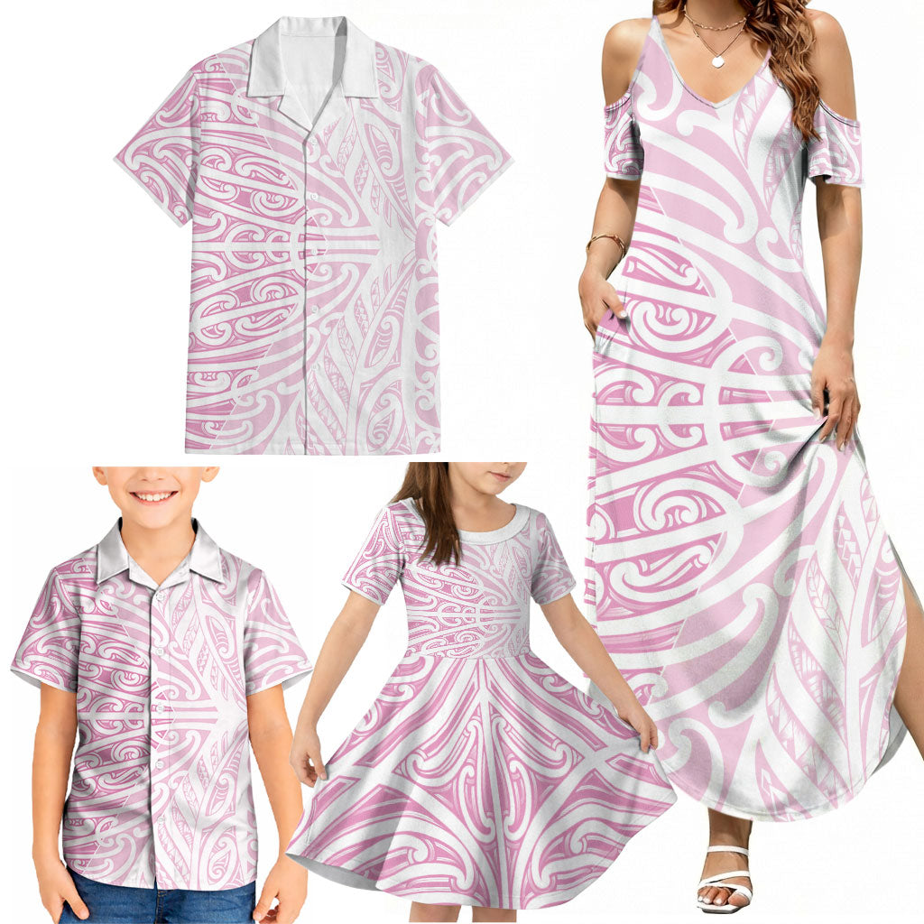 Pink New Zealand Puhoro Maori Tattoo Family Matching Summer Maxi Dress and Hawaiian Shirt LT14 - Polynesian Pride
