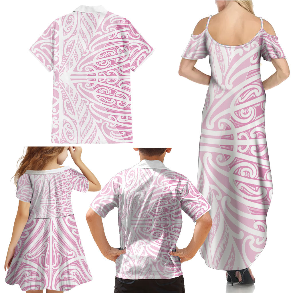 Pink New Zealand Puhoro Maori Tattoo Family Matching Summer Maxi Dress and Hawaiian Shirt