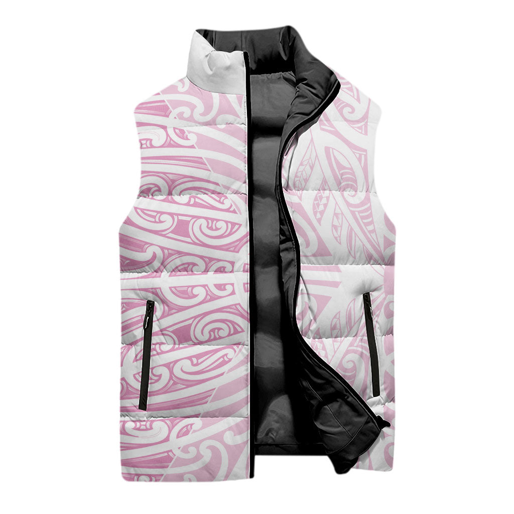 Pink New Zealand Puhoro Maori Tattoo Sleeveless Puffer Jacket